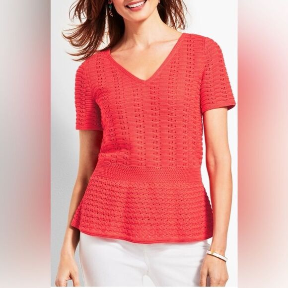 TALBOTS  DOUBLE-V CROCHET PEPLUM SWEATER red Short Sleeve Size M - Picture 2 of 10